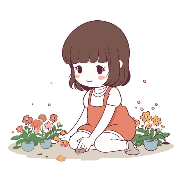 ベクトル 庭に花を植える可愛い小さな女の子のイラスト