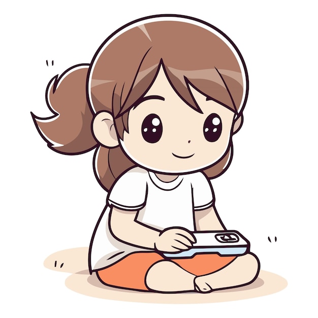 ベクトル ゲームパッドで遊ぶ可愛い小さな女の子のイラスト