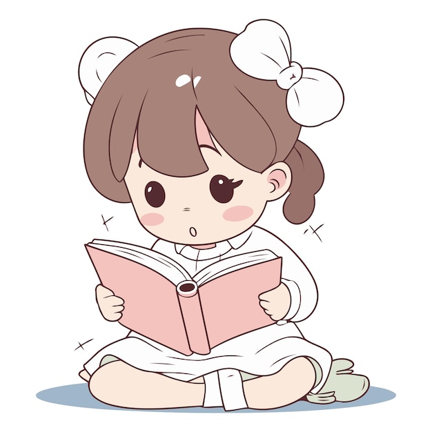 ベクトル 床に座って本を読んでいる可愛い小さな女の子のイラスト