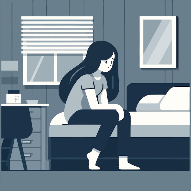 Вектор Иллюстрация депрессивной женщины, сидящей в спальне