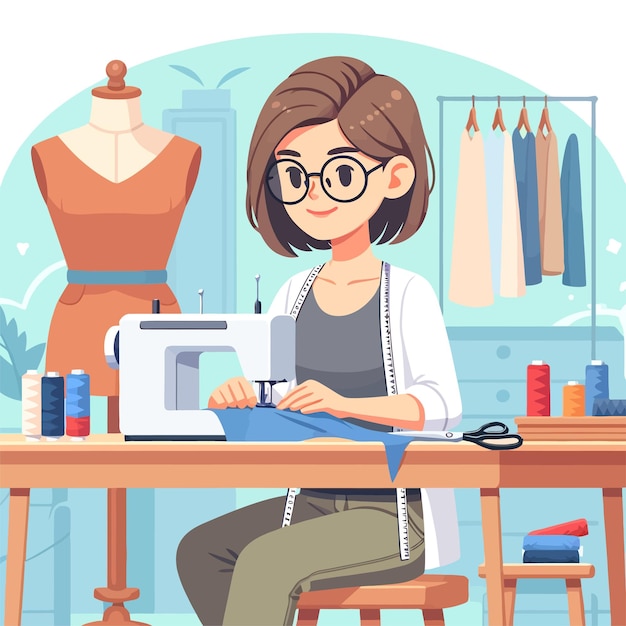 Вектор illustration of a fashion designer sewing a costume