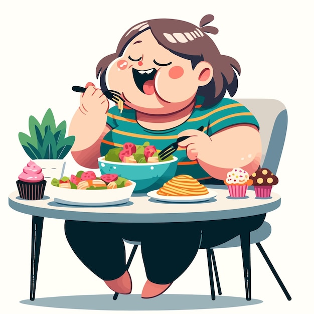 Вектор Иллюстрация толстой женщины, жадно едящей