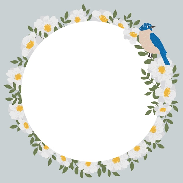 벡터 텍스트에 대 한 흰색 꽃과 파랑 새 프레임 꽃 라운드 프레임의 그림