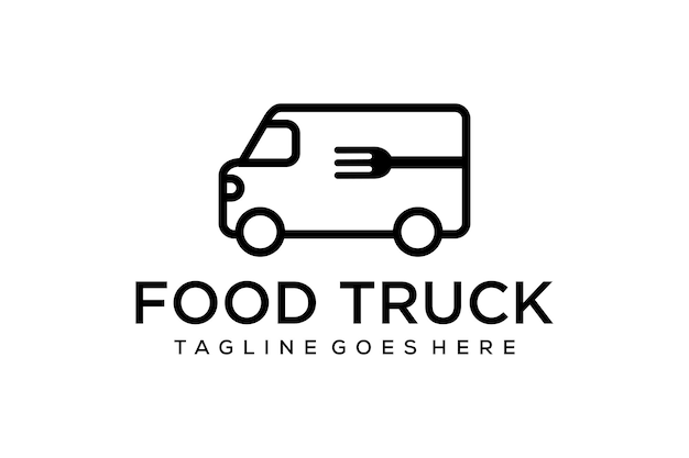 Иллюстрация автомобиля для доставки еды, сделанного просто с вилкой посередине логотипа.
