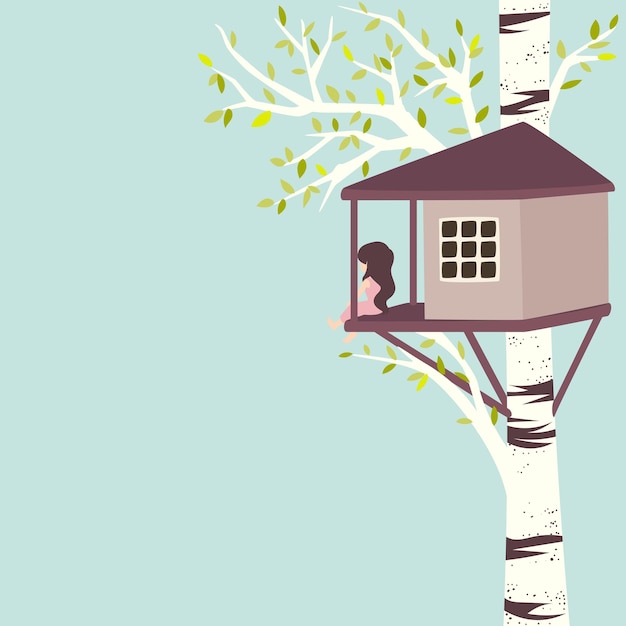 Иллюстрация девушки в домике на дереве