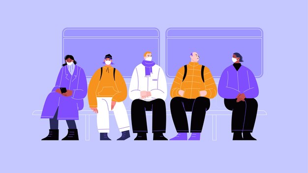 Вектор Иллюстрация группы людей в общественном транспорте, четыре персонажа в масках, а один - нет.