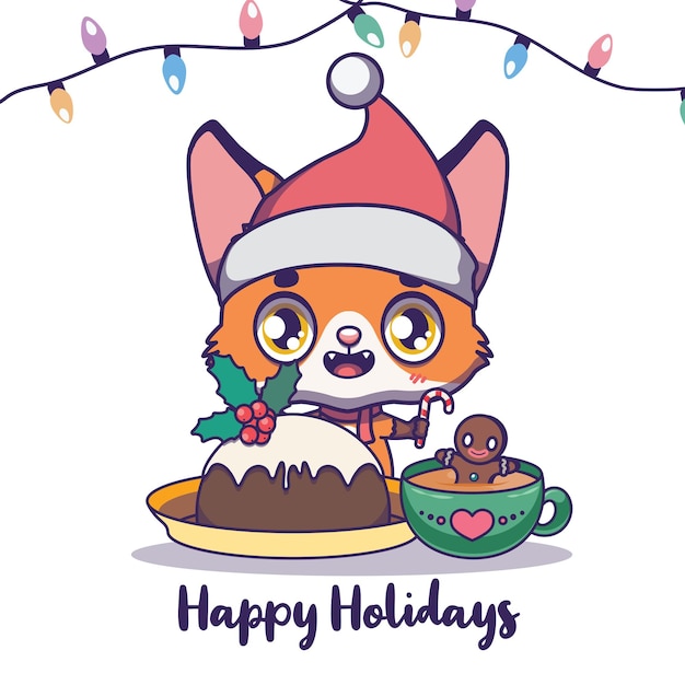 Вектор Иллюстрация веселой лисы с праздничной едой и напитками