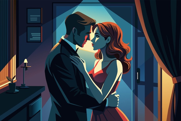 ベクトル 窓から見えるスタイリッシュな夜の都市風景のドアのそばの暗い照明の部屋に立っている親密な抱きしめの男性と女性のイラスト