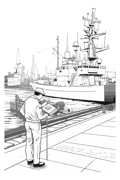 Вектор Иллюстрация человека, работающего на рыбацкой лодке в гавани