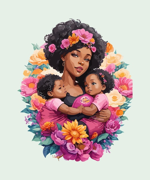 ベクトル 花に囲まれた赤ちゃんと母親のイラスト