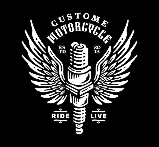 ヴィンテージデザインの翼のロゴのエンブレムとオートバイのスパークプラグのイラスト