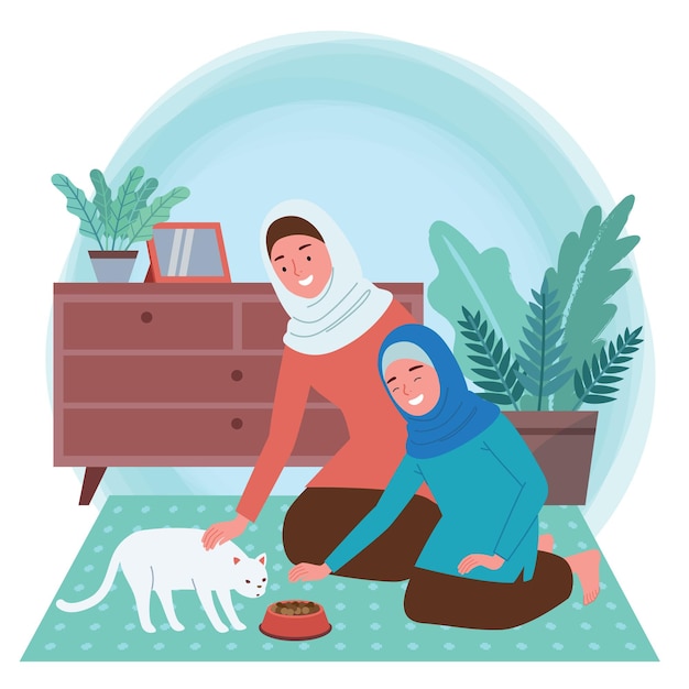 猫に餌をやったり、猫を撫でたりしているイスラム教徒の母親と子供のイラスト