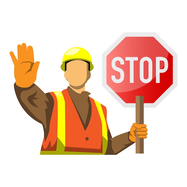 工事中のため一時停止の標識を持っている人のイラスト g