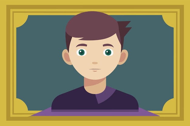 ベクトル illustration of a person with dark hair wearing a purple shirt set against a decorative frame with a yellow border on a green background