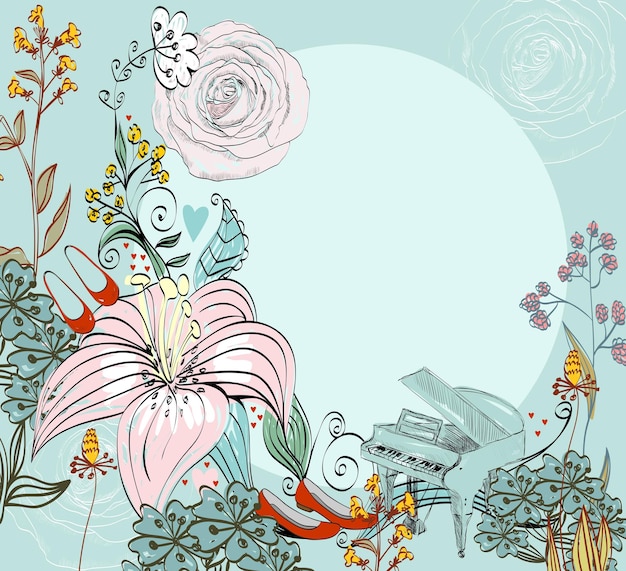 Иллюстрация фортепиано и цветущих летних цветов.