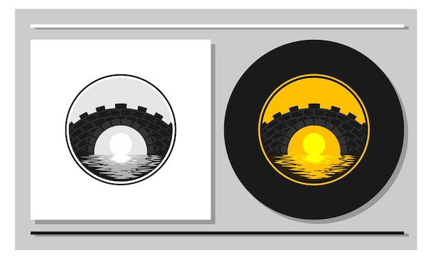 丸い橋のイラスト日没時の石橋