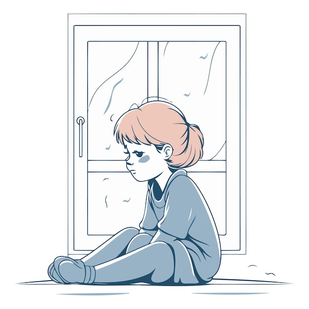 ベクトル 窓の前に座っている悲しい女の子のイラスト