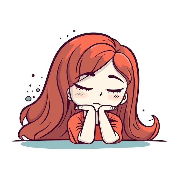 Вектор Иллюстрация грустной девушки с длинными рыжими волосами вектор