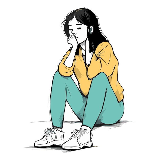 Вектор Иллюстрация грустной молодой женщины, сидящей на полу и размышляющей
