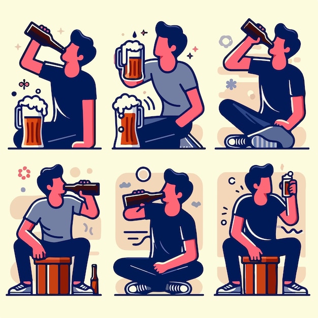 ベクトル フラットなデザインのスタイルでビールを飲んでいる人々のセットのイラスト