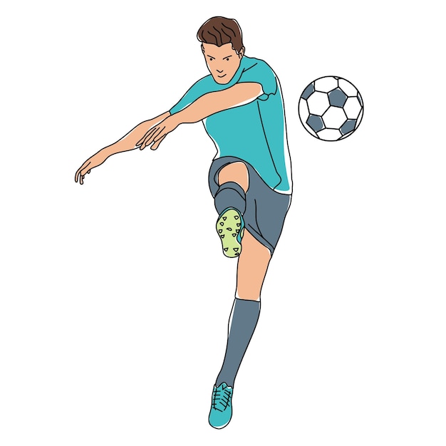 Вектор Иллюстрация футболиста, бегущего и с энтузиазмом бьющего по мячу по воротам, празднуя победу в воротах