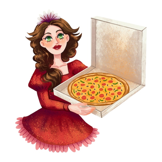 ベクトル 赤いドレスを着たウェイトレスの女の子のイラスト 美しいピザの配達