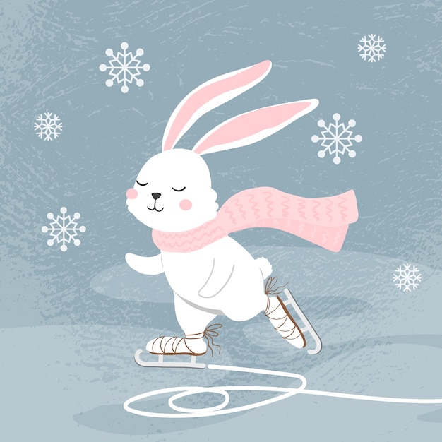 Вектор Иллюстрация белого кролика катается на коньках в старинных коньках на льду