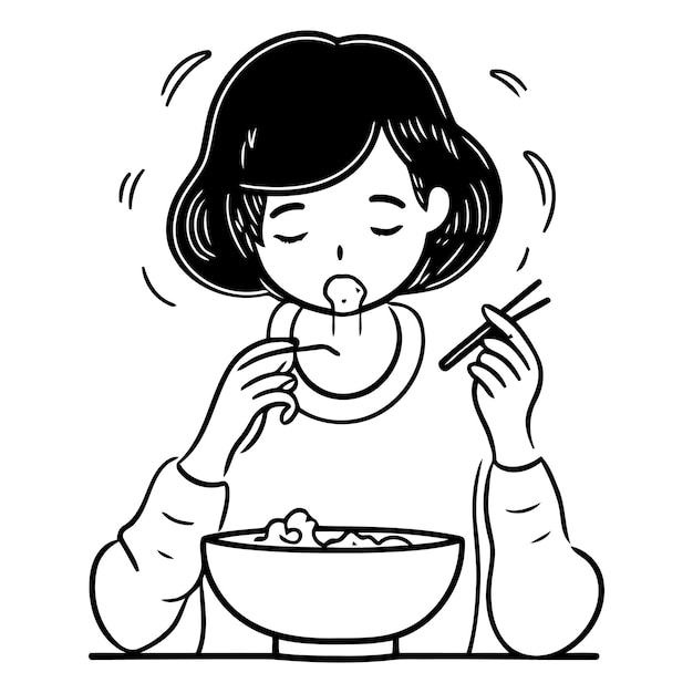 ベクトル チョップスティックでヌードルを食べている女性のイラスト