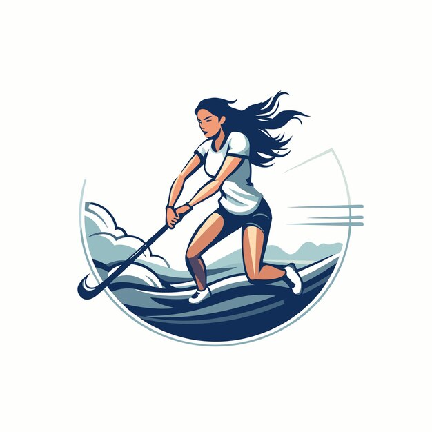 Вектор Иллюстрация женщины, катающейся на доске для серфинга, взглянутой со стороны, установленной внутри круга на изолированном фоне, сделанной в ретро-стиле