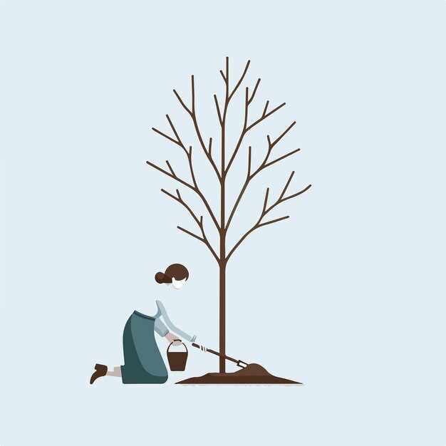 벡터 나무 를 심고 있는 여자 의 그림 은 단순 한 평평 한 디자인 스타일 이다