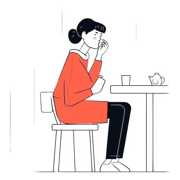 Вектор Иллюстрация женщины, сидящей за столом в кафе и думающей о чем-то