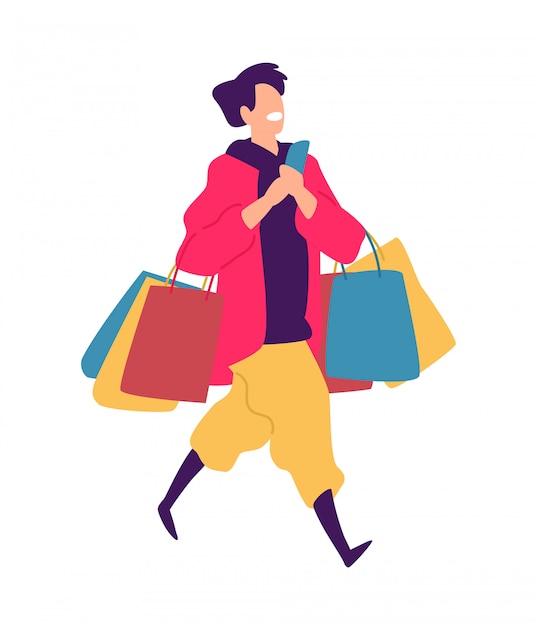 Иллюстрация молодого парня с покупками