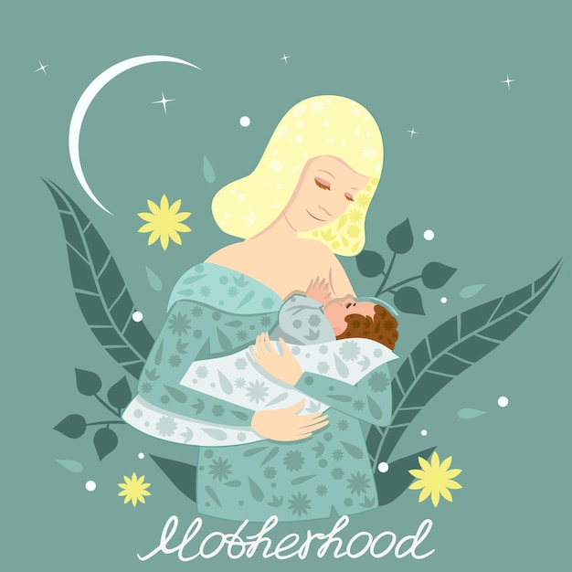 ベクトル 若い母親が赤ちゃんに母乳を与えているイラスト。