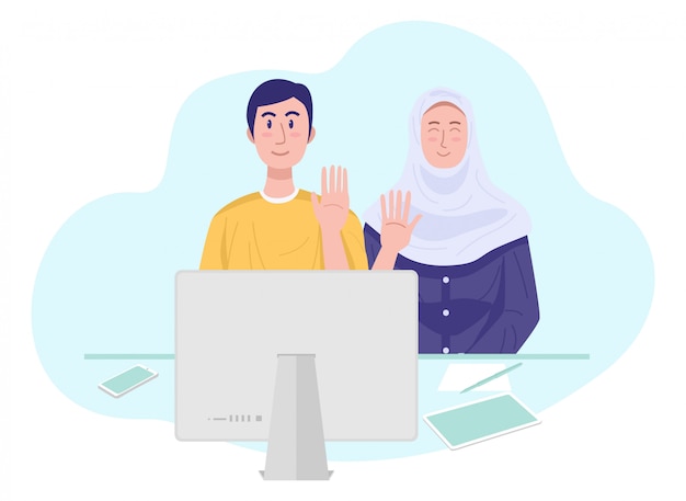 Иллюстрация молодой мусульманской пары имея видео-чат с друзьями. вектор