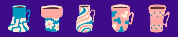 Иллюстрация абстрактных чаш с облачными цветами и узорами пятен набор современных чашек