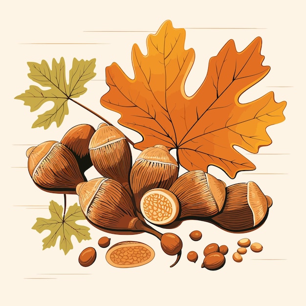 Vettore illustrazione di ghiande, foglie d'autunno e ginkgo