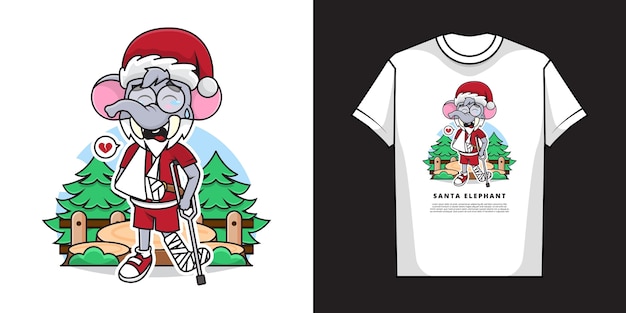 骨折の腕とtシャツのデザインの脚のジェスチャーでサンタクロースの衣装を着て愛らしい象のイラスト