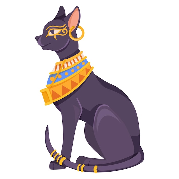 벡터 고대 이집트를 상징하는 색 배경에 고립된 평평한 디자인 스타일의 장식 된 보석과 함께 이집트 고양이 동상의 일러스트레이션