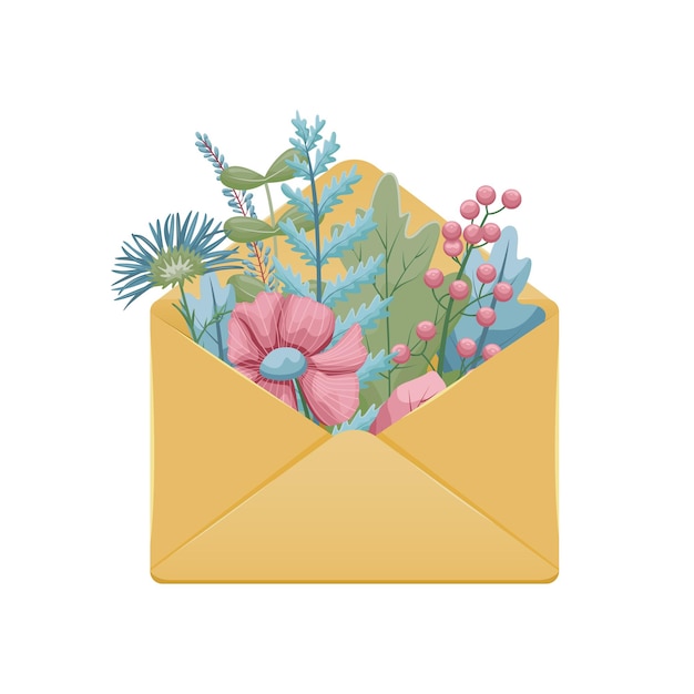 Иллюстрация конверта с листьями и цветами из гербария.