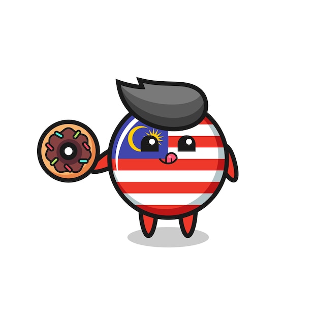 ドーナツを食べているマレーシア国旗バッジ キャラクターのイラスト