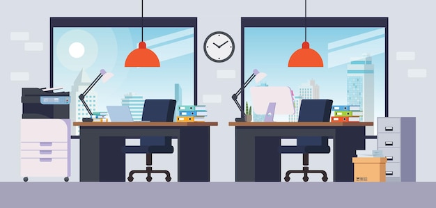Иллюстрация офисной комнаты с настольной полкой, принтером и компьютером