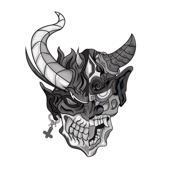 Вектор Иллюстрация они маска дьявола foor татуировки черно-белая страшная японская маска демона