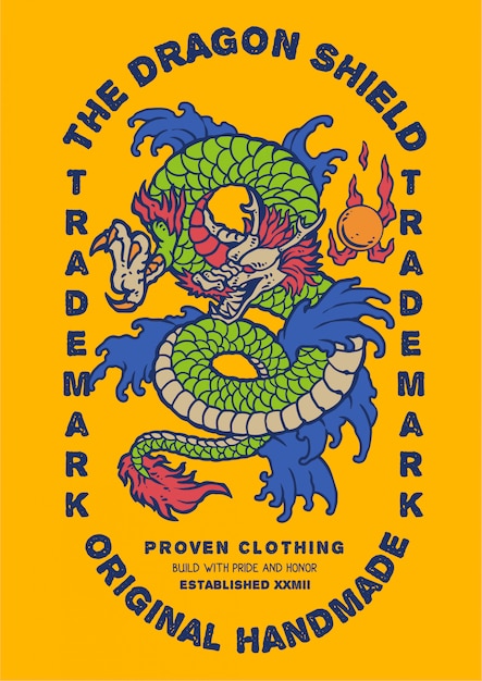 Иллюстрация азии зеленый дракон с винтажном стиле ретро метки