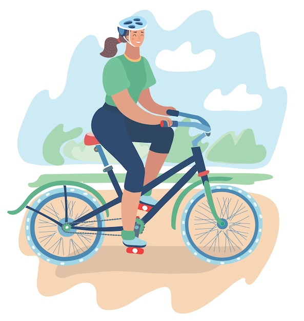 Иллюстрация спортивной девушки едет велосипед в шлеме вокруг городского парка. летний пейзаж