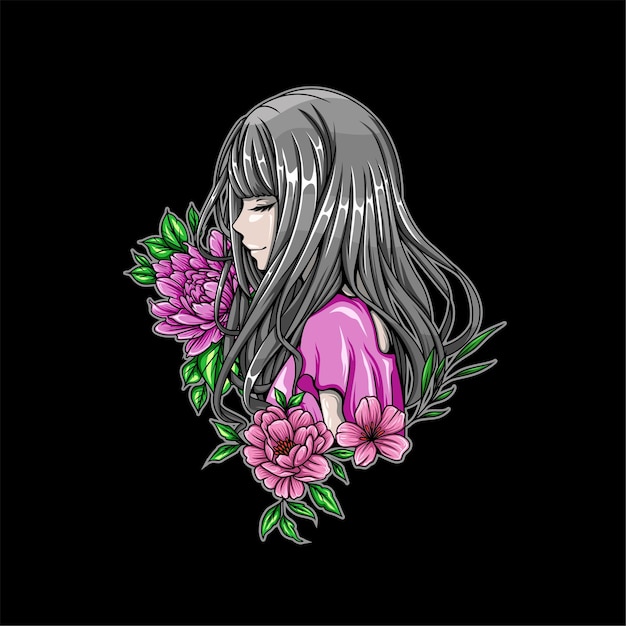 それらの隣に花を持つ美しい女の子のイラスト プレミアムベクター