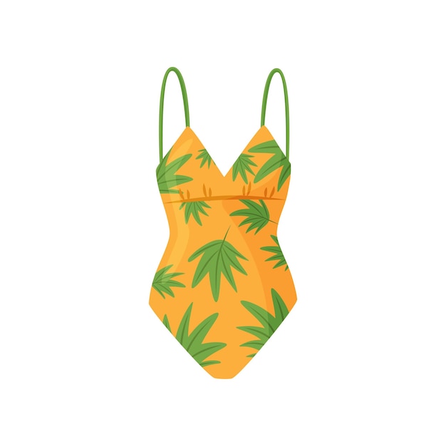 벡터 야자수 잎 무늬가 있는 밝은 오렌지색 수영복 그림 수영용 여성 의류 세련된 비치웨어 패션 테마 만화 벡터 디자인 흰색 배경에 격리된 다채로운 평면 아이콘