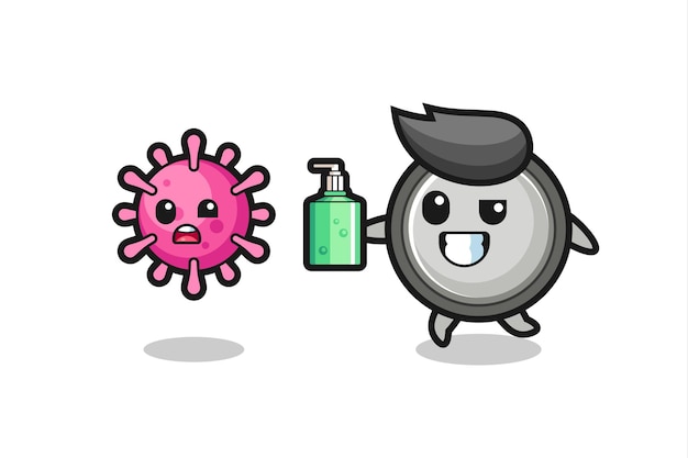 手指消毒剤で邪悪なウイルスを追いかけるボタン電池のキャラクターのイラスト、tシャツ、ステッカー、ロゴ要素のかわいいスタイルのデザイン