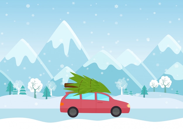 山の背景に屋根の上のクリスマスツリーが付いている車のイラスト。