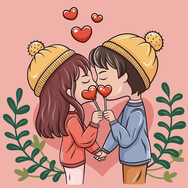 バレンタインの日の漫画のカップルのイラスト