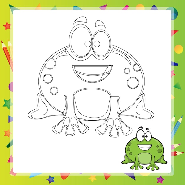 Иллюстрация мультяшной лягушки - книжка-раскраска - вектор